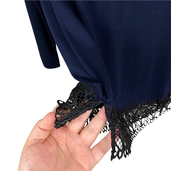 Loft Navy 3/4 Sleeve Black Lace Hem Knit Stretchy Blouse S Blue - Picture 5 of 10